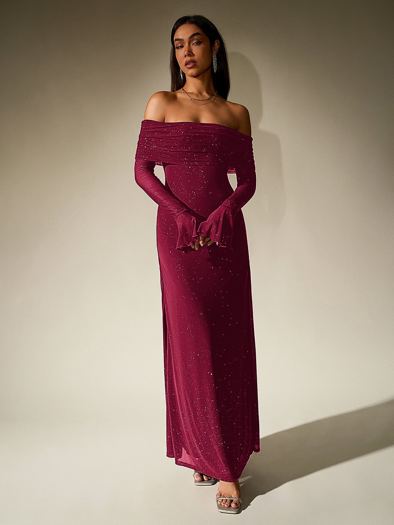 Off Shoulder Flounce Sleeve Mesh Sequin Dress