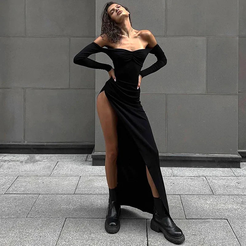 Off Shoulder Long Sleeve High Split Bodycon Maxi Dress 2