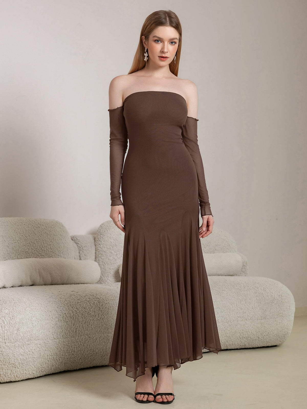 Mesh Strapless Detached Sleeve Godet Handkerchief Hem Bodycon Maxi Dress 6