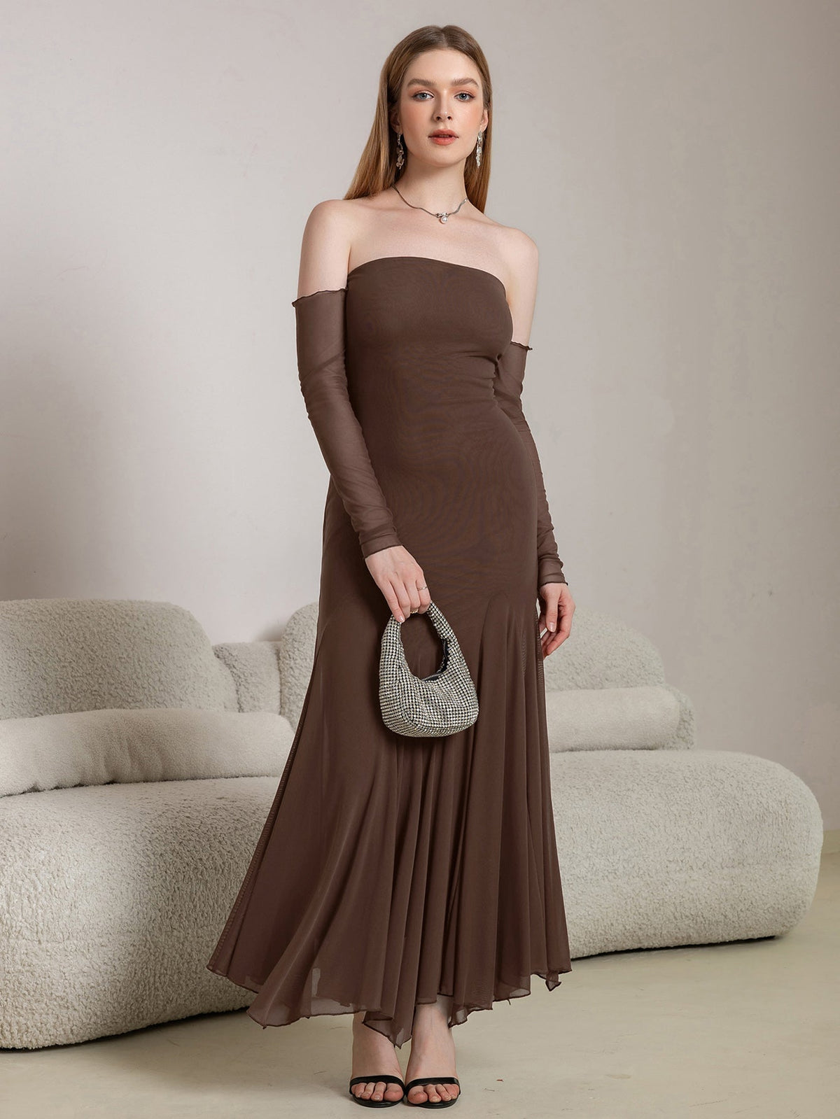 Mesh Strapless Detached Sleeve Godet Handkerchief Hem Bodycon Maxi Dress 5