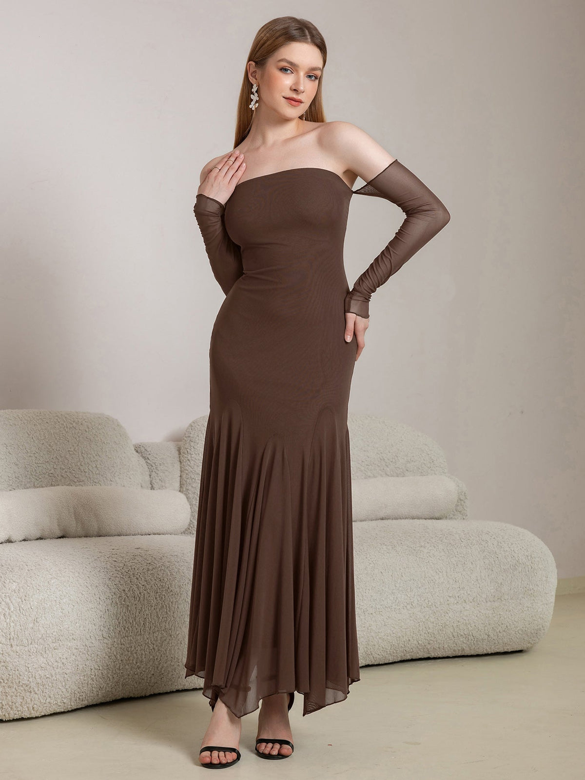 Mesh Strapless Detached Sleeve Godet Handkerchief Hem Bodycon Maxi Dress