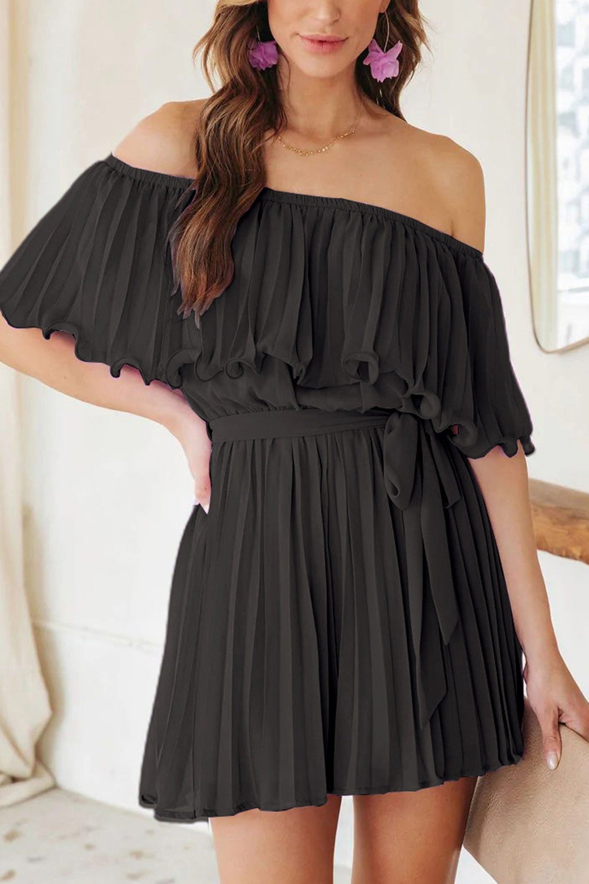 Off Shoulder Pleated Ruffle Overlay Tie Waist Wide Leg Romper 10