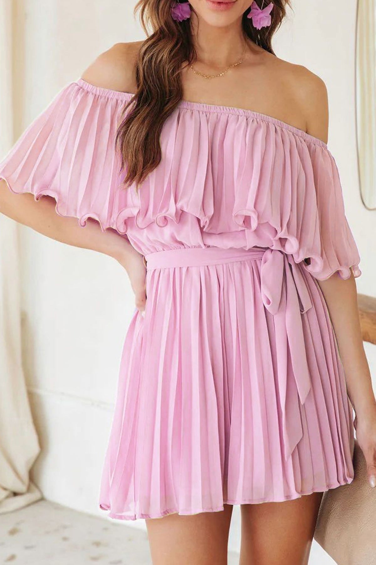 Off Shoulder Pleated Ruffle Overlay Tie Waist Wide Leg Romper 4