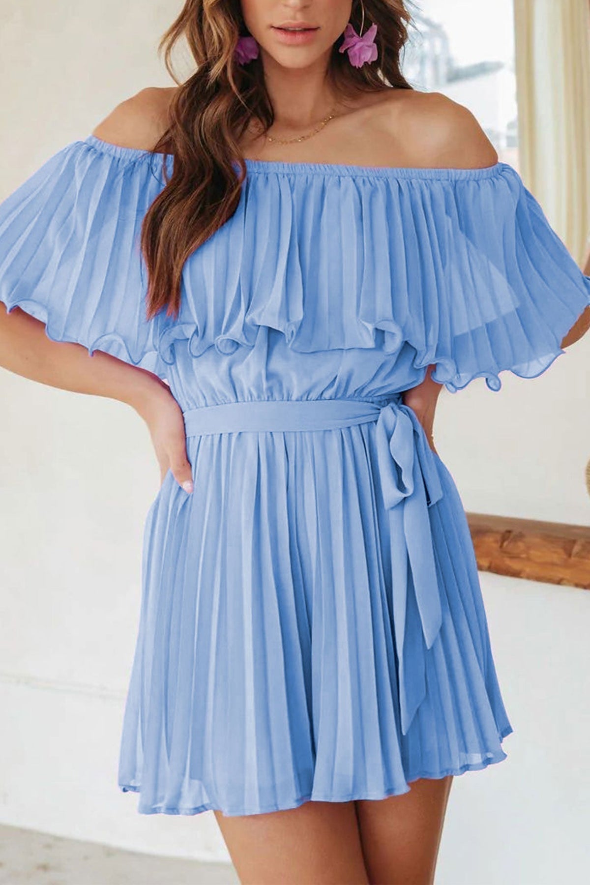 Off Shoulder Pleated Ruffle Overlay Tie Waist Wide Leg Romper 7