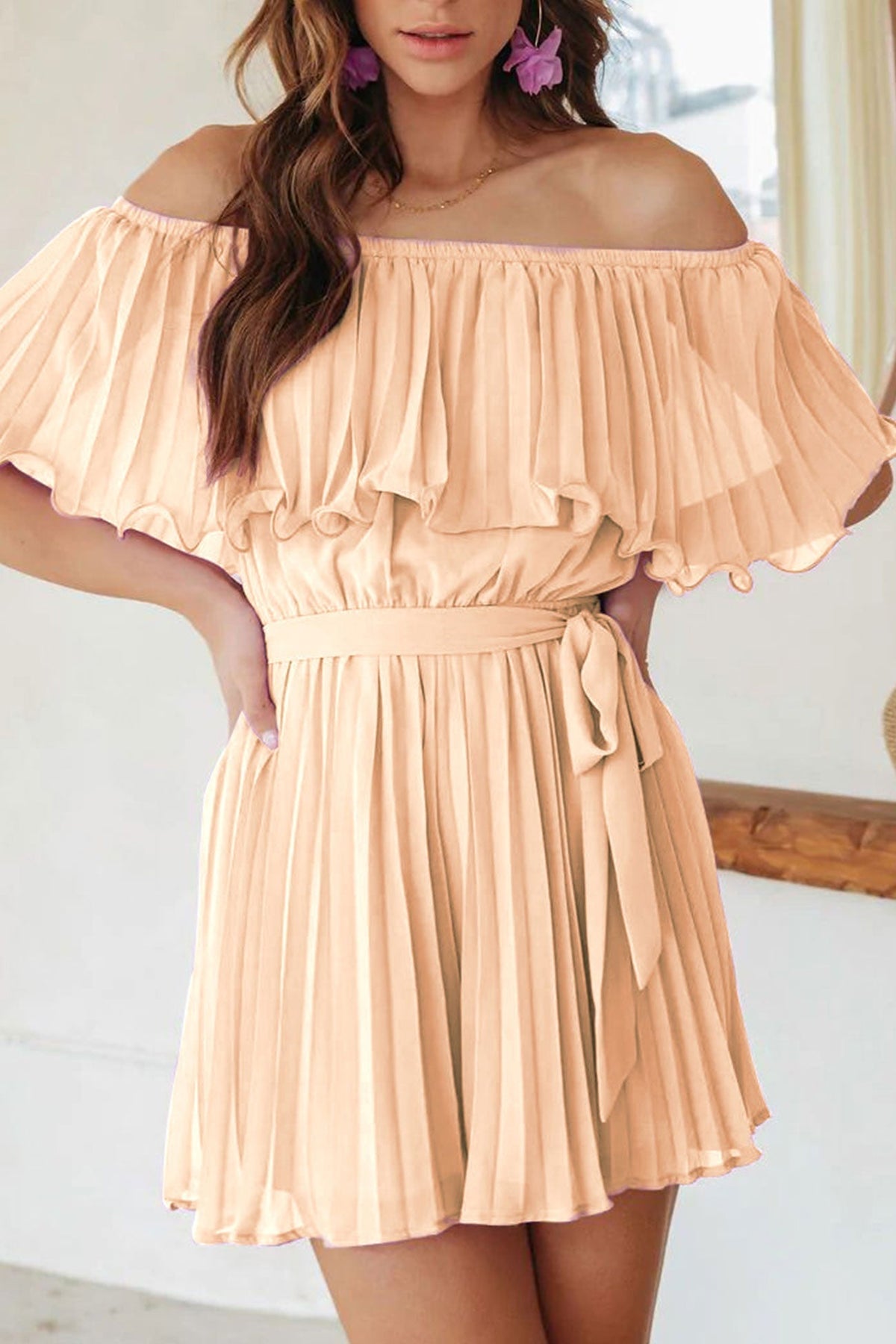 Off Shoulder Pleated Ruffle Overlay Tie Waist Wide Leg Romper