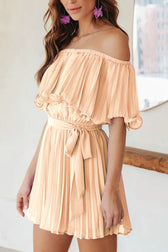 Off Shoulder Pleated Tie-Waist Rompers Apricot / M