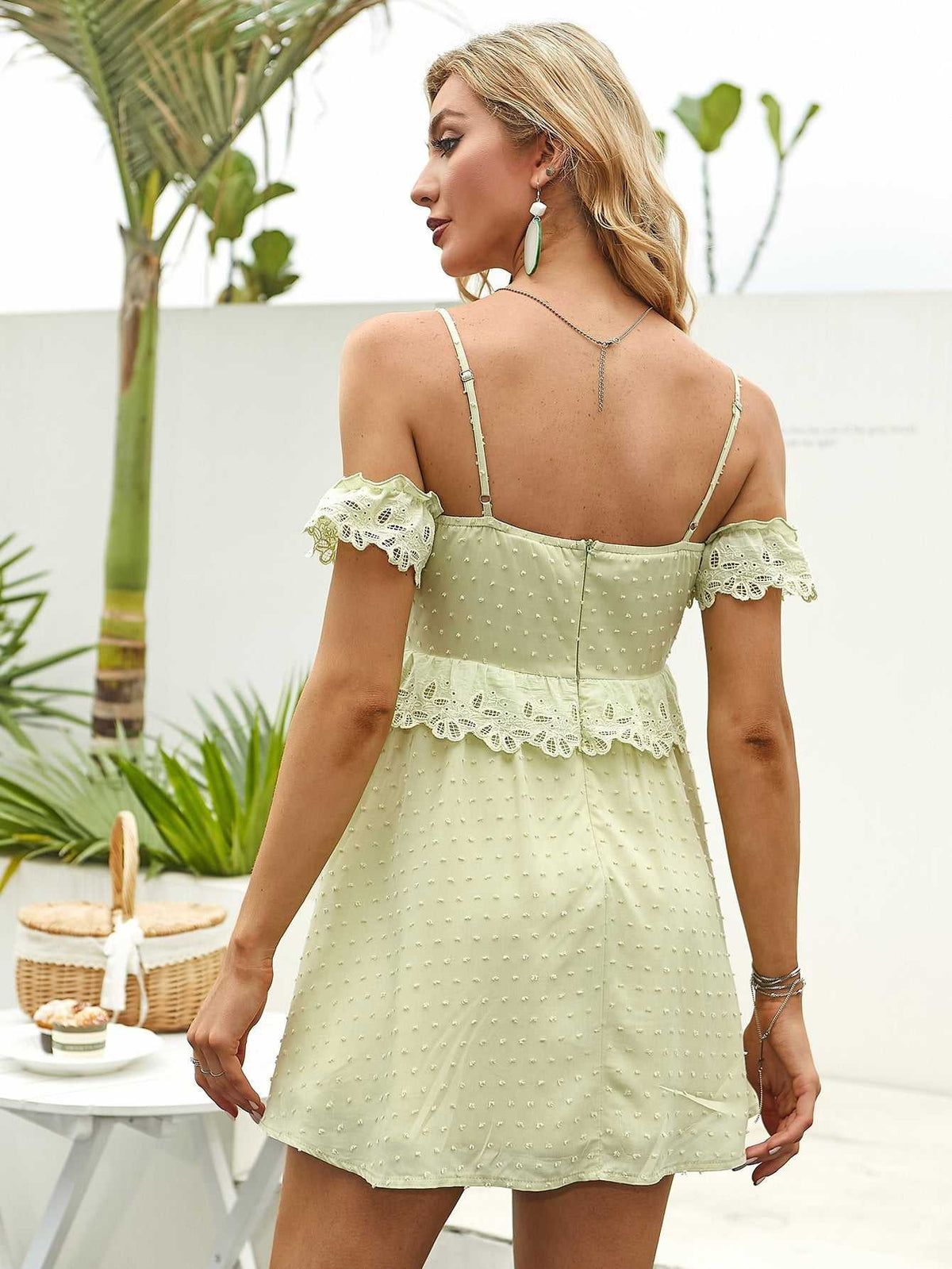 Swiss Dot Cold Shoulder Lace Trim Ruffle Waist Cami Mini Dress 3