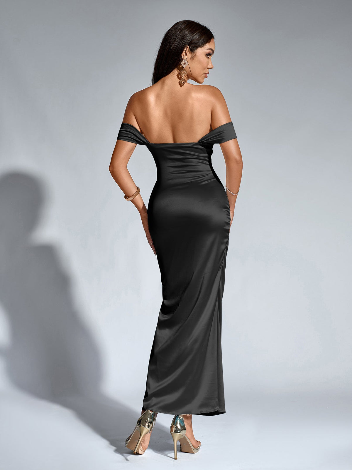 Off Shoulder Satin Draped Neck Mermaid Maxi Dress 19