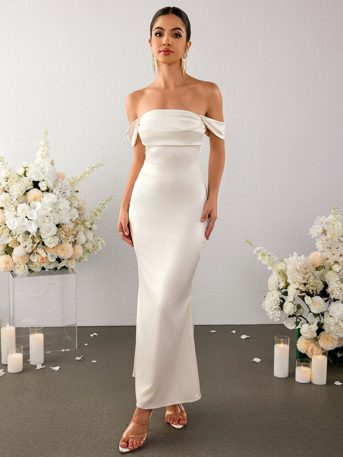 Off Shoulder Satin Draped Neck Mermaid Maxi Dress 3
