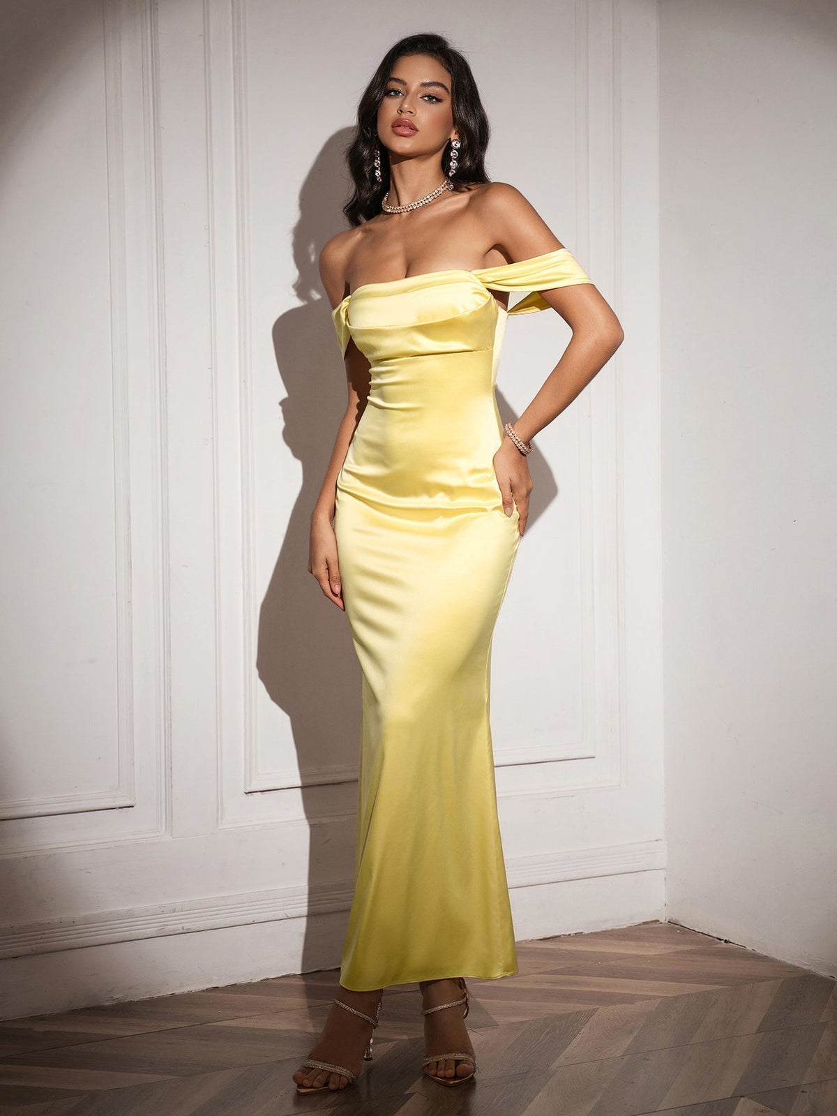 Off Shoulder Satin Draped Neck Mermaid Maxi Dress