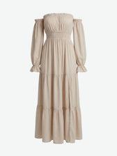 Off Shoulder Long Sleeve Smocked High Split Tiered Maxi Dress 4