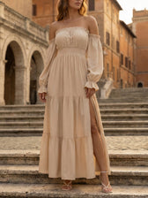 Off Shoulder Long Sleeve Smocked High Split Tiered Maxi Dress 6