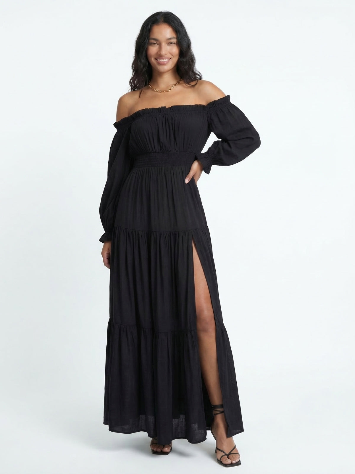 Off Shoulder Long Sleeve Smocked High Split Tiered Maxi Dress 7