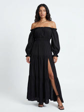 Off Shoulder Long Sleeve Smocked High Split Tiered Maxi Dress 8