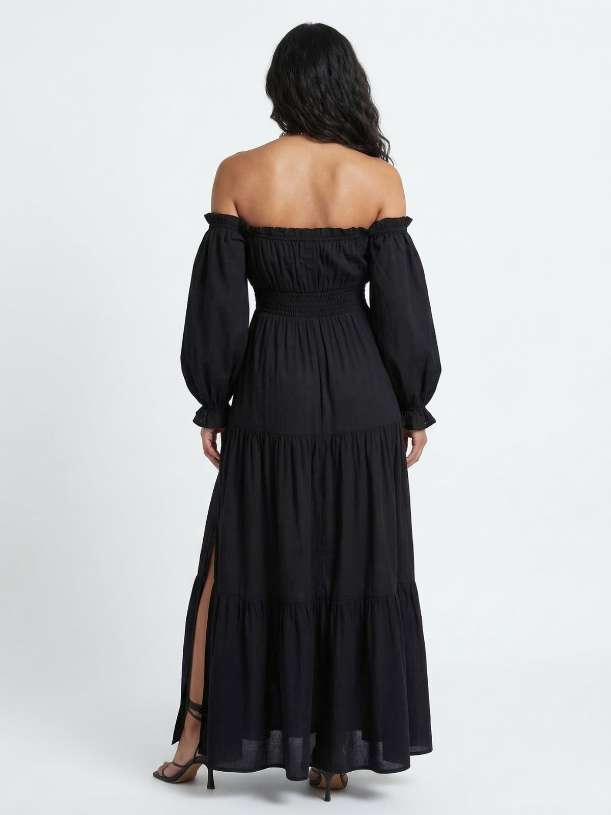 Off Shoulder Long Sleeve Smocked High Split Tiered Maxi Dress 9