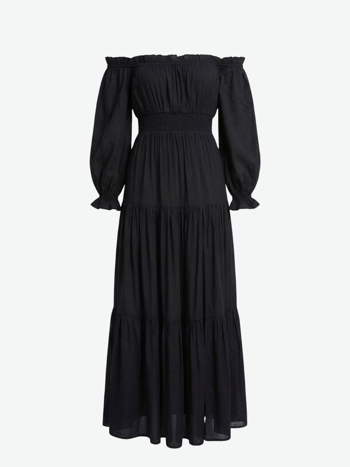Off Shoulder Long Sleeve Smocked High Split Tiered Maxi Dress 10