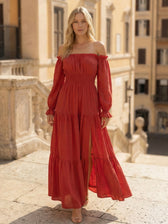 Off Shoulder Long Sleeve Smocked High Split Tiered Maxi Dress 16