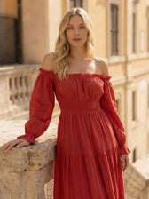 Off Shoulder Long Sleeve Smocked High Split Tiered Maxi Dress 17