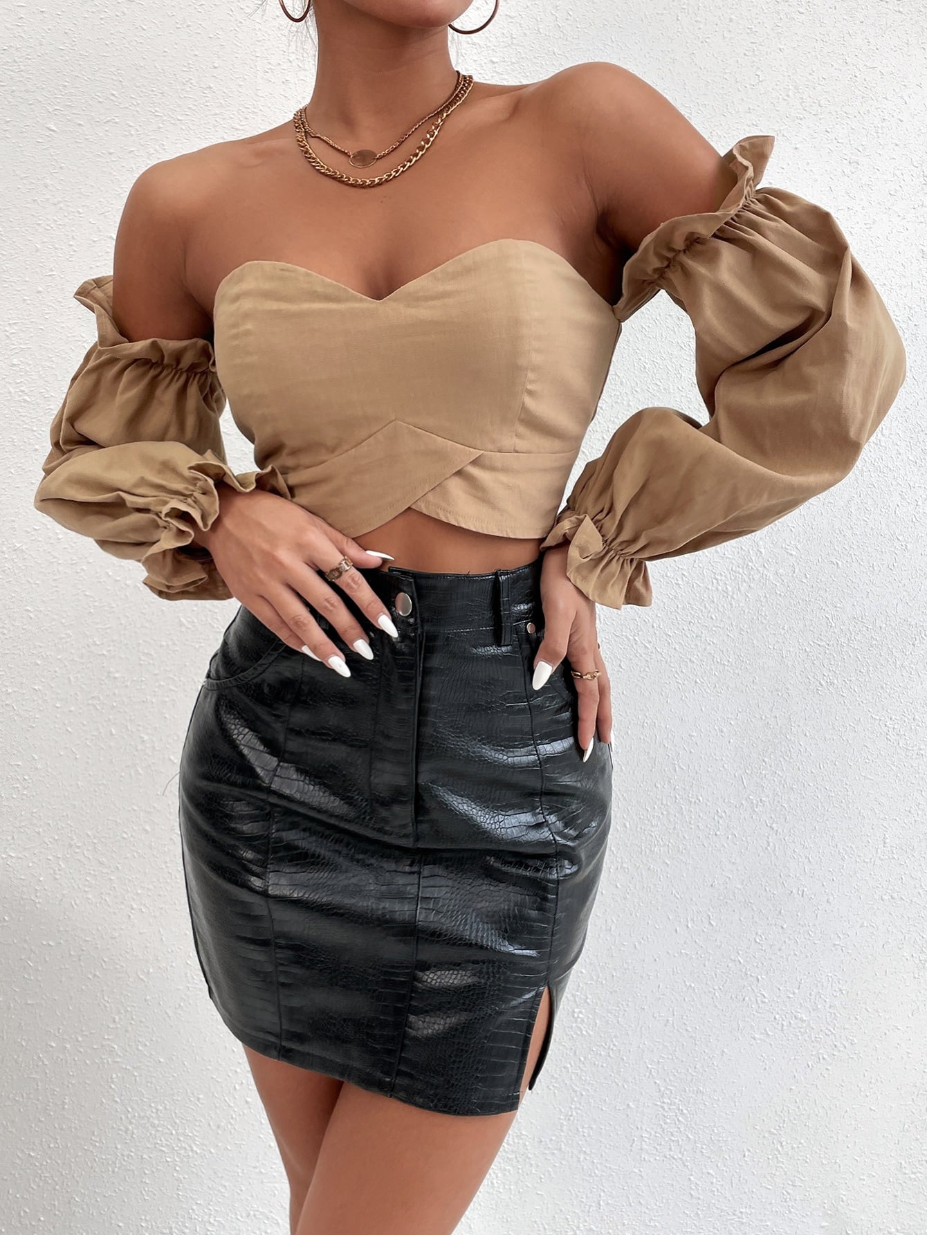 Off-the-Shoulder Peasant Sleeve Self-Tie Crop Top