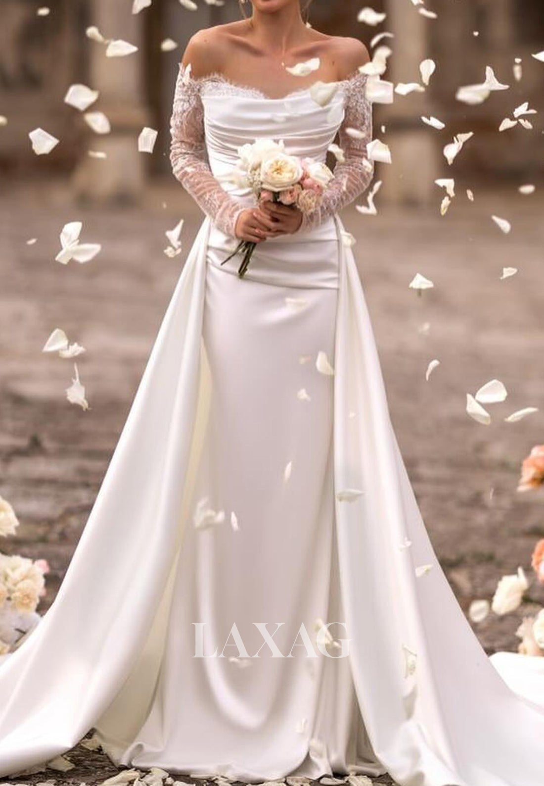 Off-Shoulder Lace Long-Sleeves Bride Gowns Sleek Satin Mermaid Wedding Dress with Train
