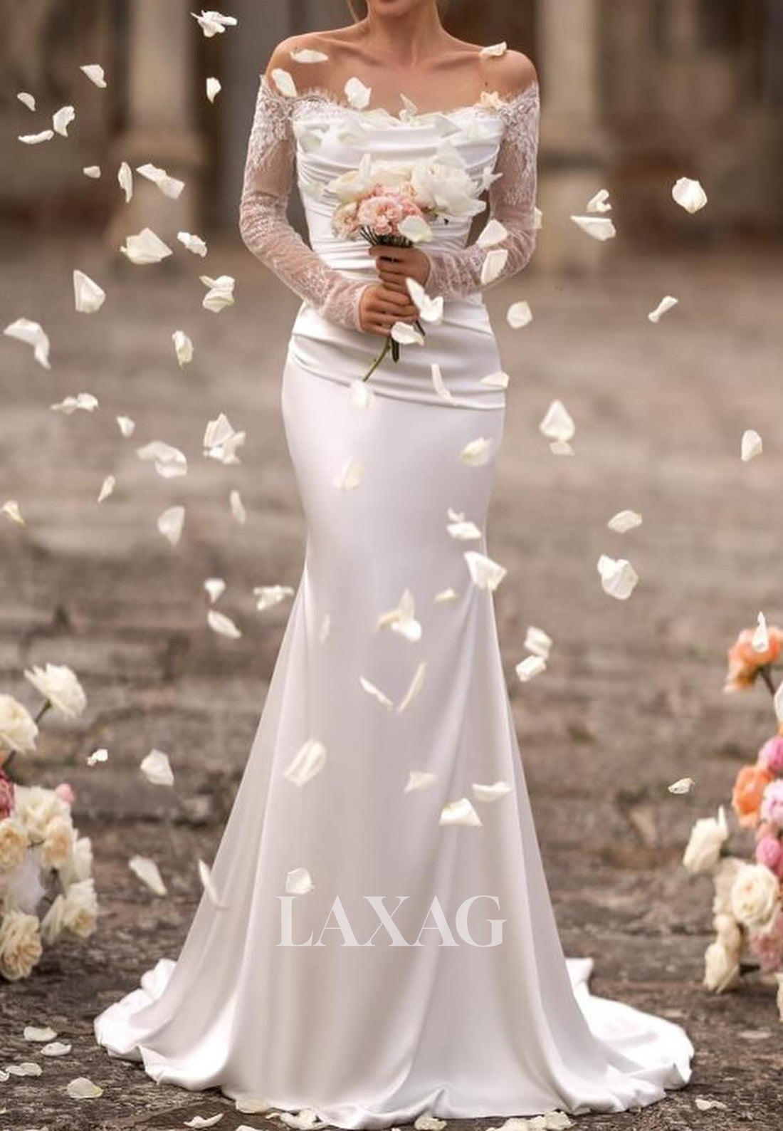 Off-Shoulder Lace Long-Sleeves Bride Gowns Sleek Satin Mermaid Wedding Dress with Train