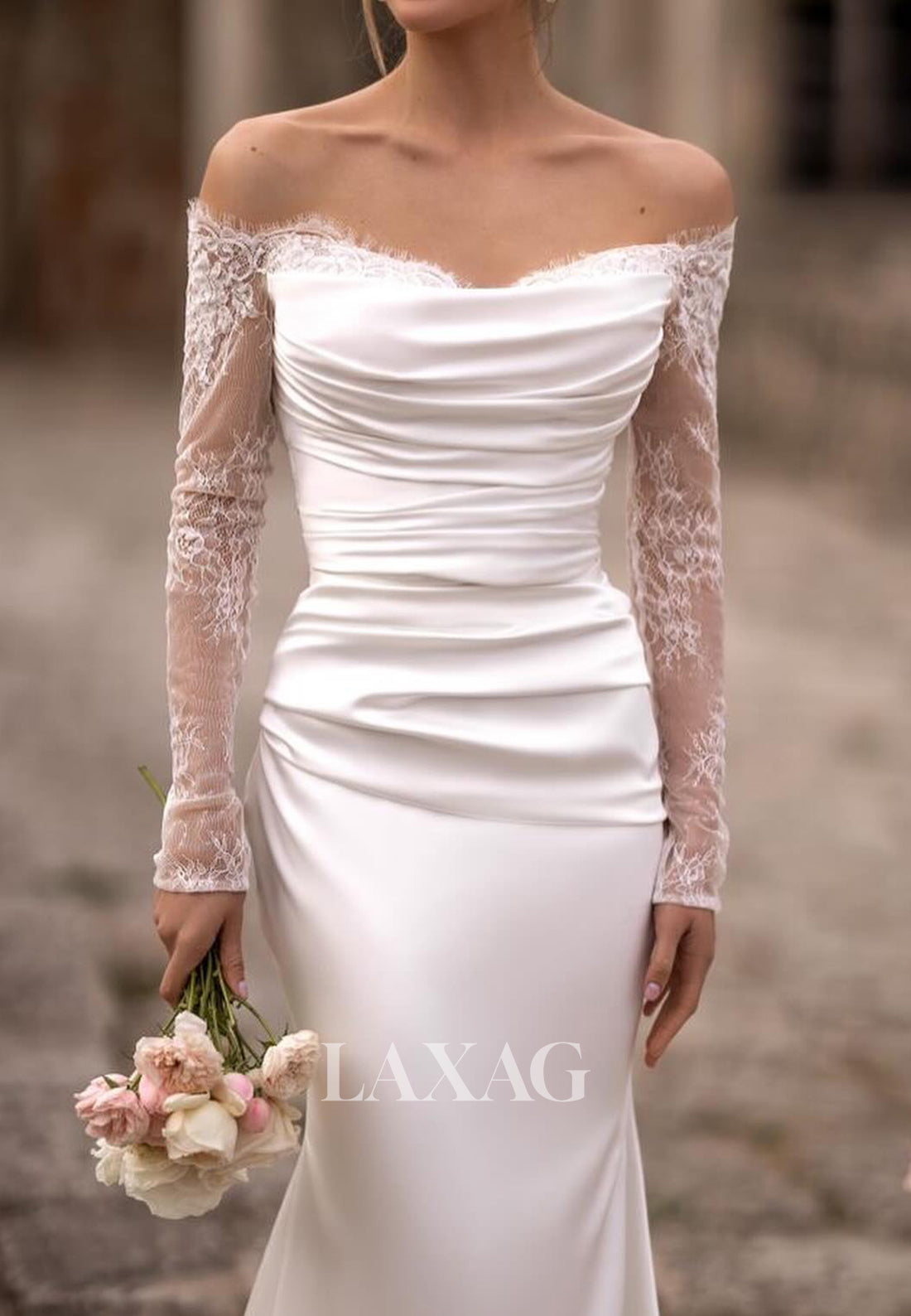 Off-Shoulder Lace Long-Sleeves Bride Gowns Sleek Satin Mermaid Wedding Dress with Train