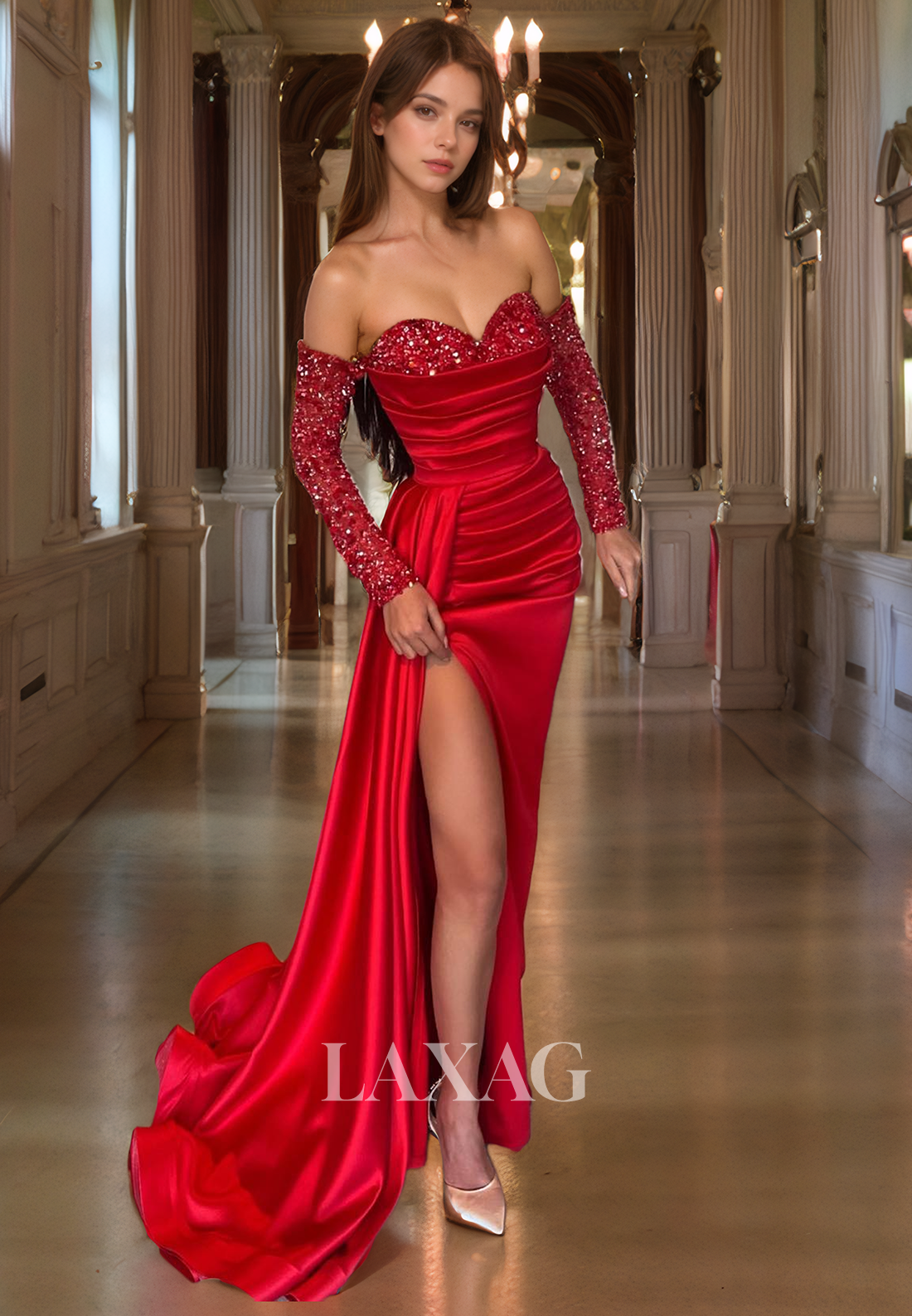 Off-Shoulder Sequined Long-Sleeves Mermaid Prom Dress Sweetheart Pleated Sweep Train Formal Gowns