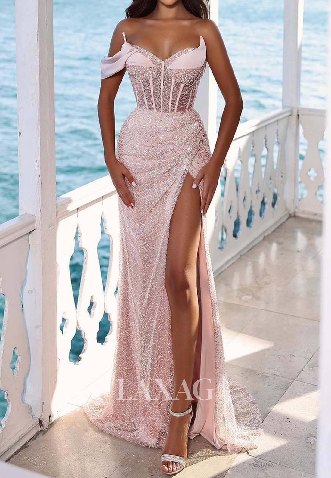 Sweetheart Off-Shoulder Fully Sequins Beaded Mermaid Prom Dress Sleeveless High Slit Party Gowns
