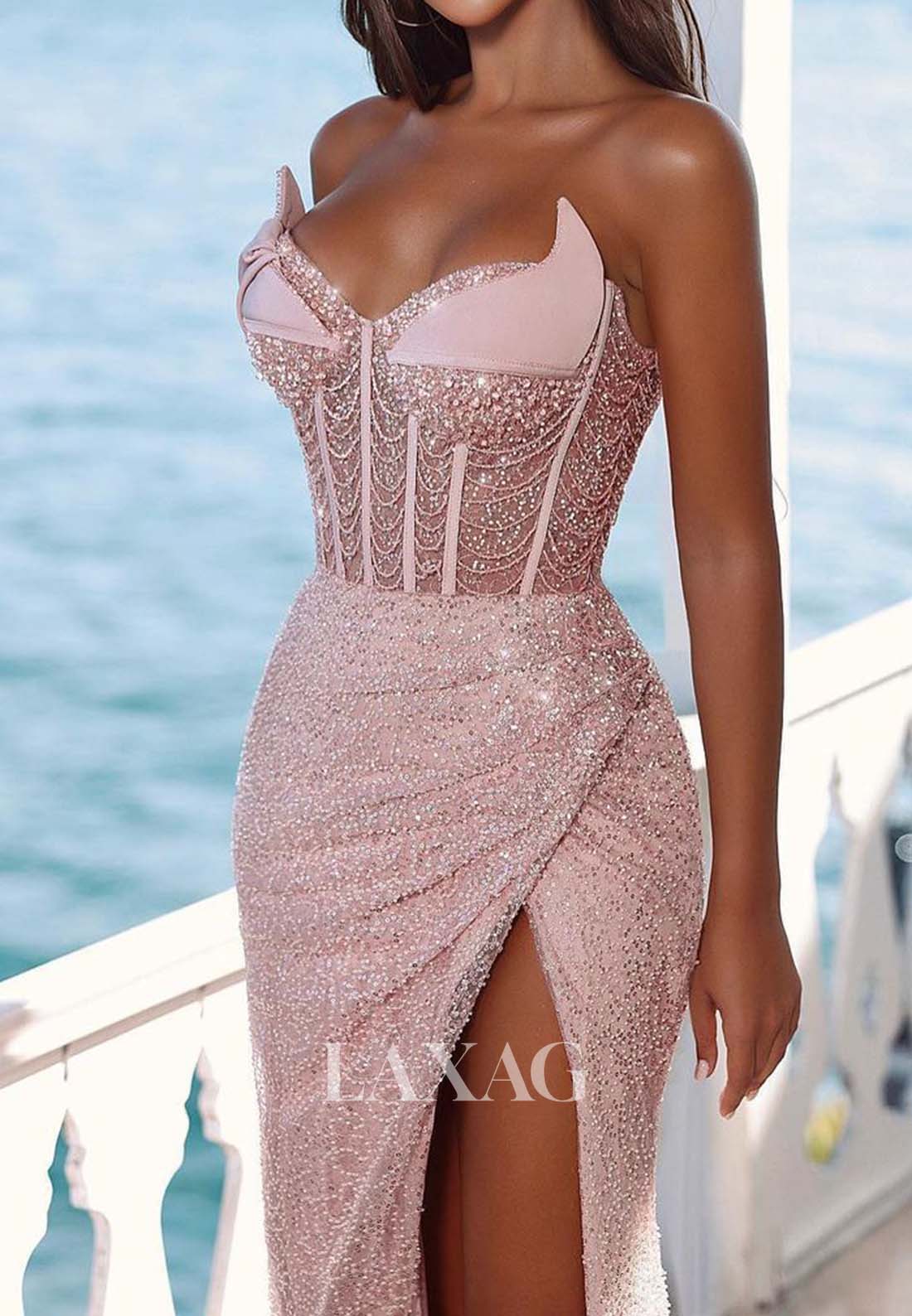 Sweetheart Off-Shoulder Fully Sequins Beaded Mermaid Prom Dress Sleeveless High Slit Party Gowns
