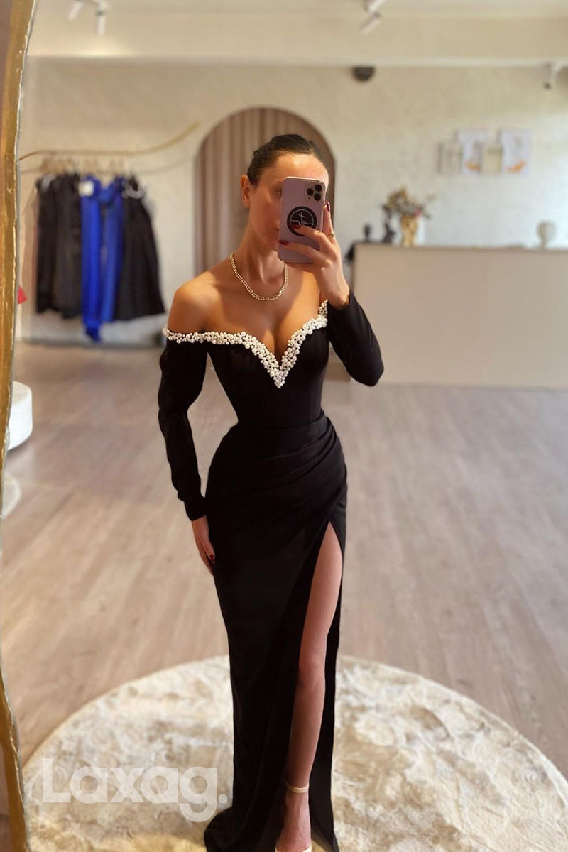 22123 - Off Shoulder V-Neck Pearls Draped Sleek Satin High Slit Mermaid Sexy Prom Dress