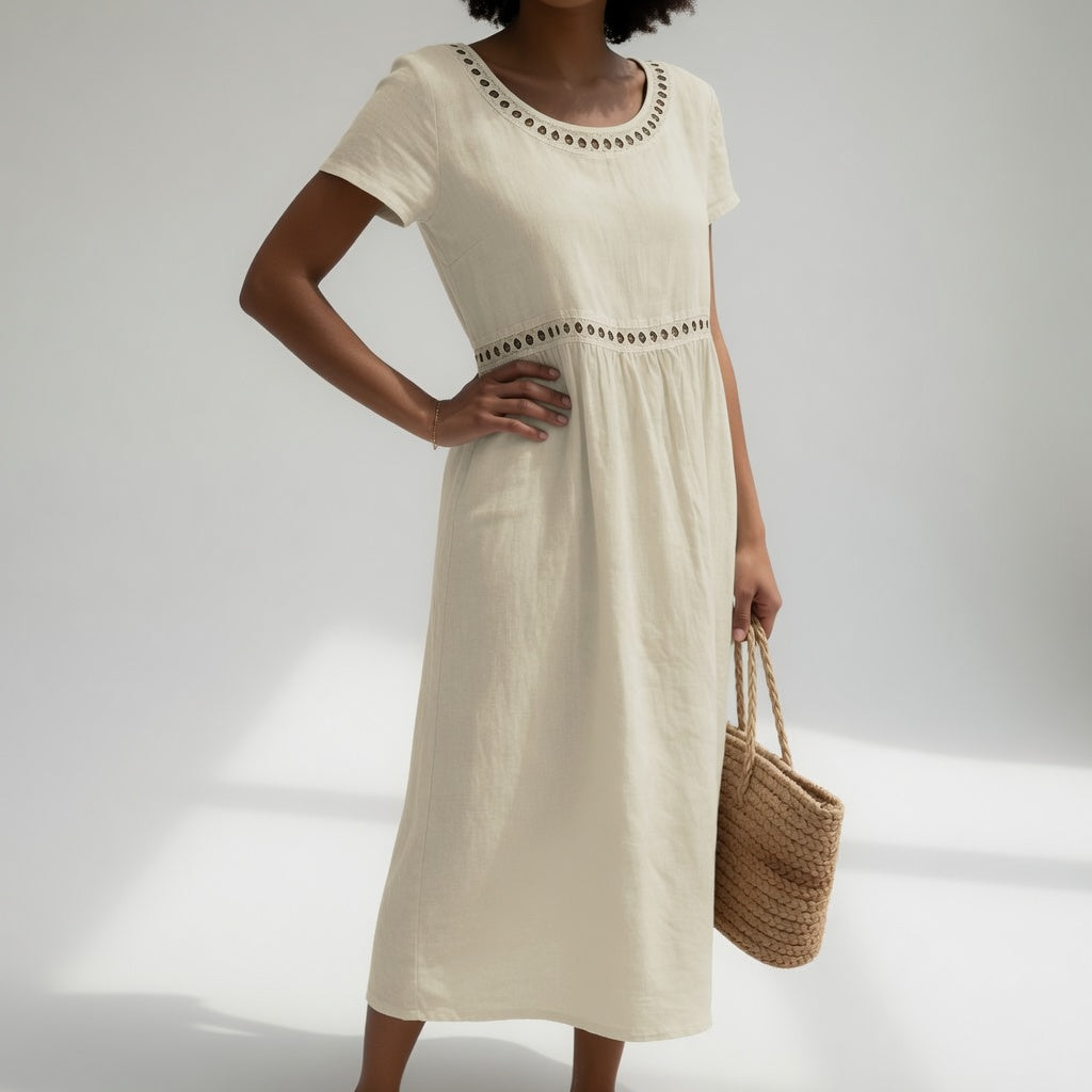 Round Neck Short Sleeve Eyelet Trim Midi Dress 7