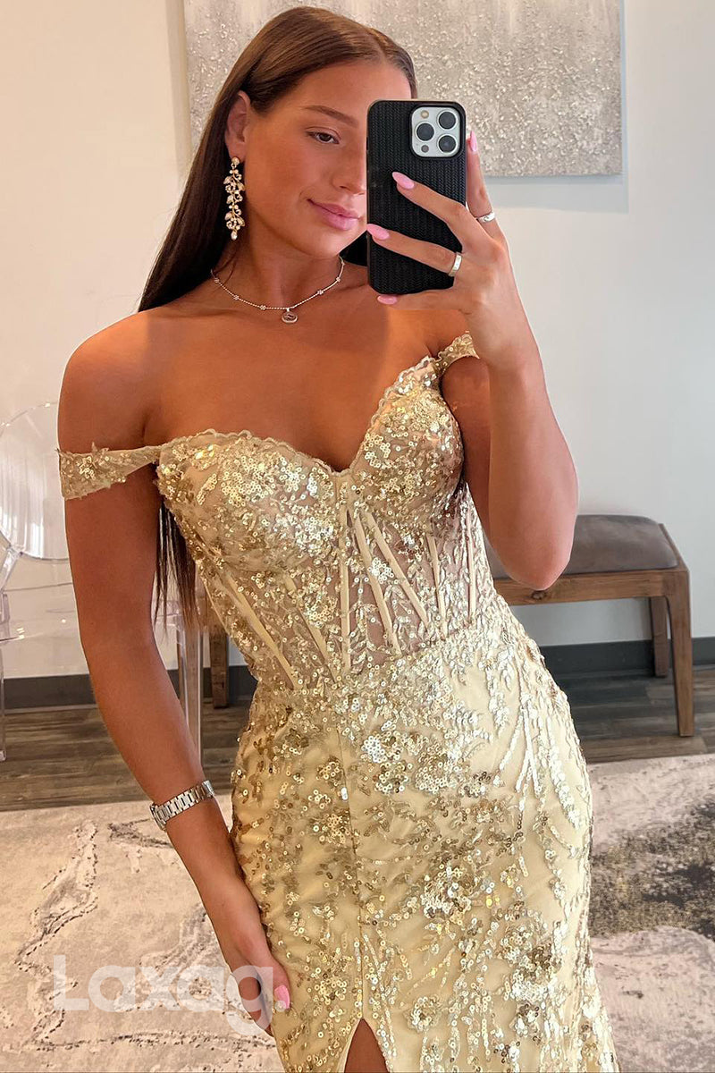 22267 - Off shoulder Sweetheart Fully Sequins Tulle Party Prom Formal Evening Dress with Slit