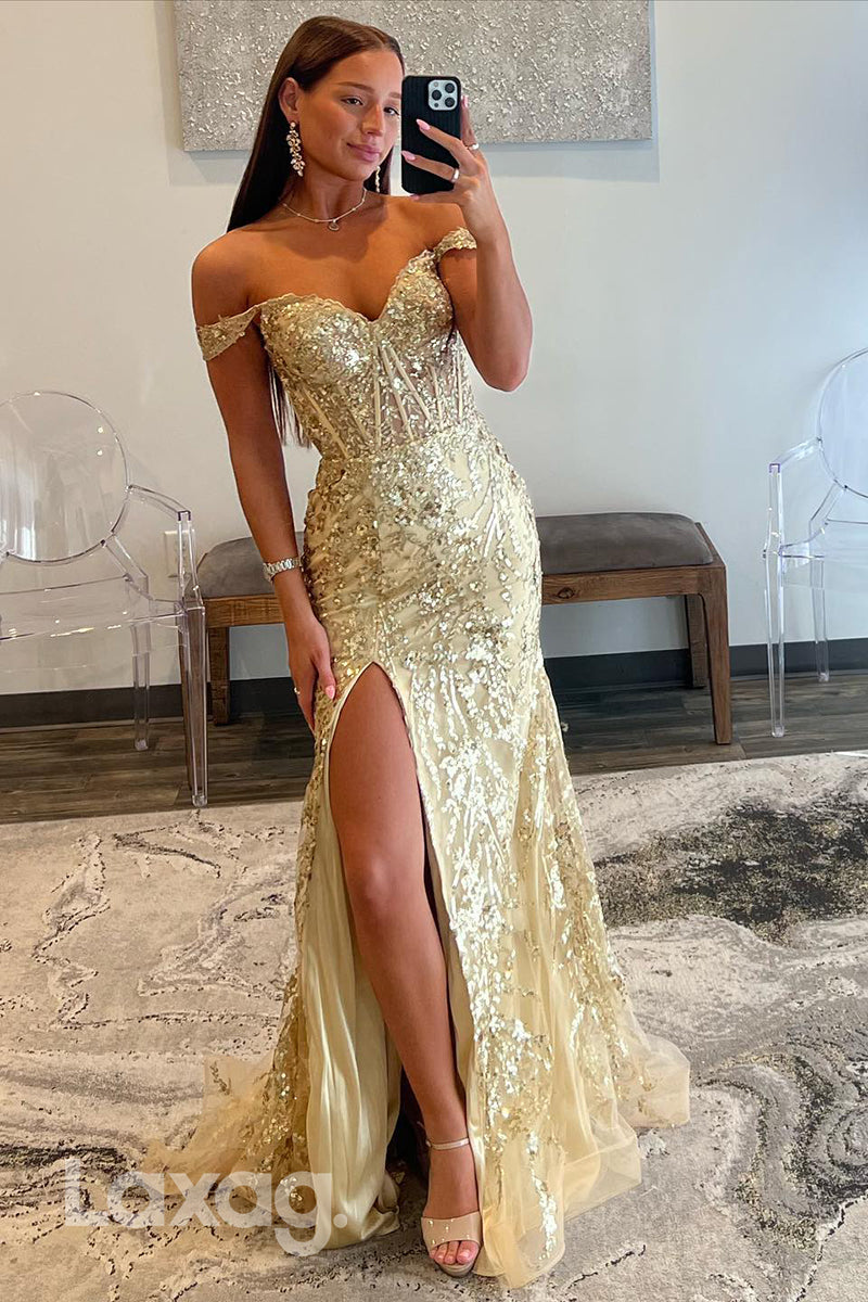 22267 - Off shoulder Sweetheart Fully Sequins Tulle Party Prom Formal Evening Dress with Slit