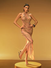 Halterneck Rhinestone Maxi Dress In Gold - View 3