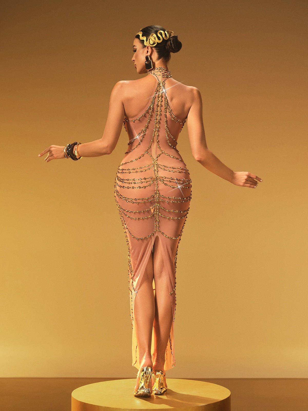 Halterneck Rhinestone Maxi Dress In Gold - View 6