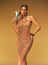 Halterneck Rhinestone Maxi Dress In Gold - View 4
