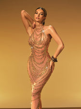 Halterneck Rhinestone Maxi Dress In Gold - View 5