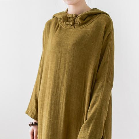 Olive double layered long sleeve linen dresses hooded long cotton maxi dresses