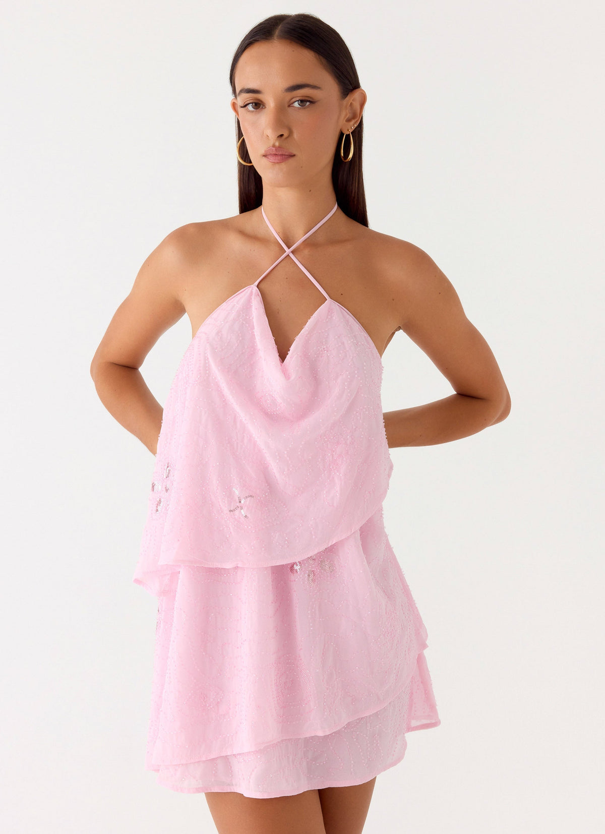 Beaded Chiffon Halter Cowl Neck Layered Ruffle Mini Dress 3
