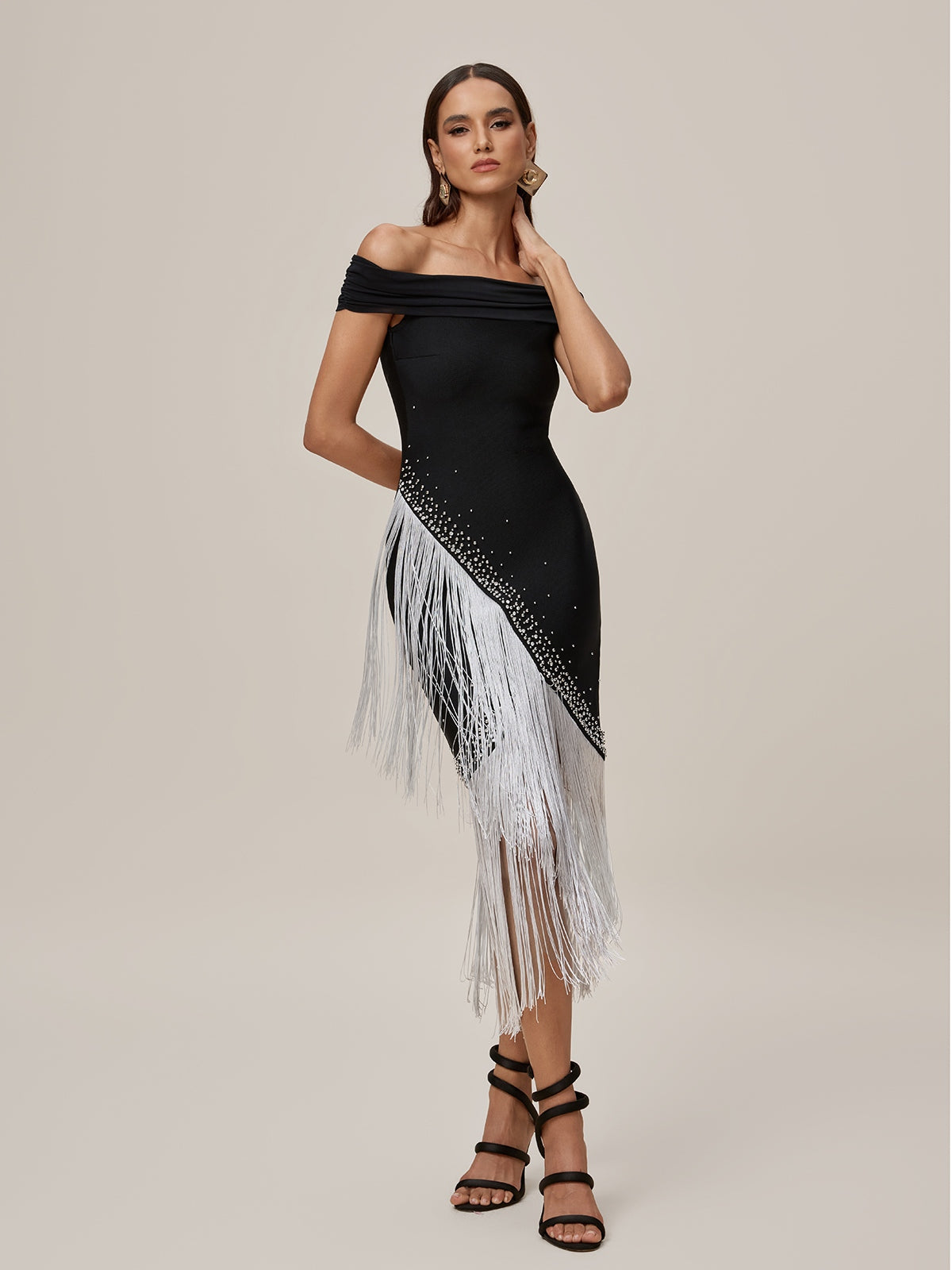 Off Shoulder Rhinestone Asymmetric Fringe Bandage Midi Dress
