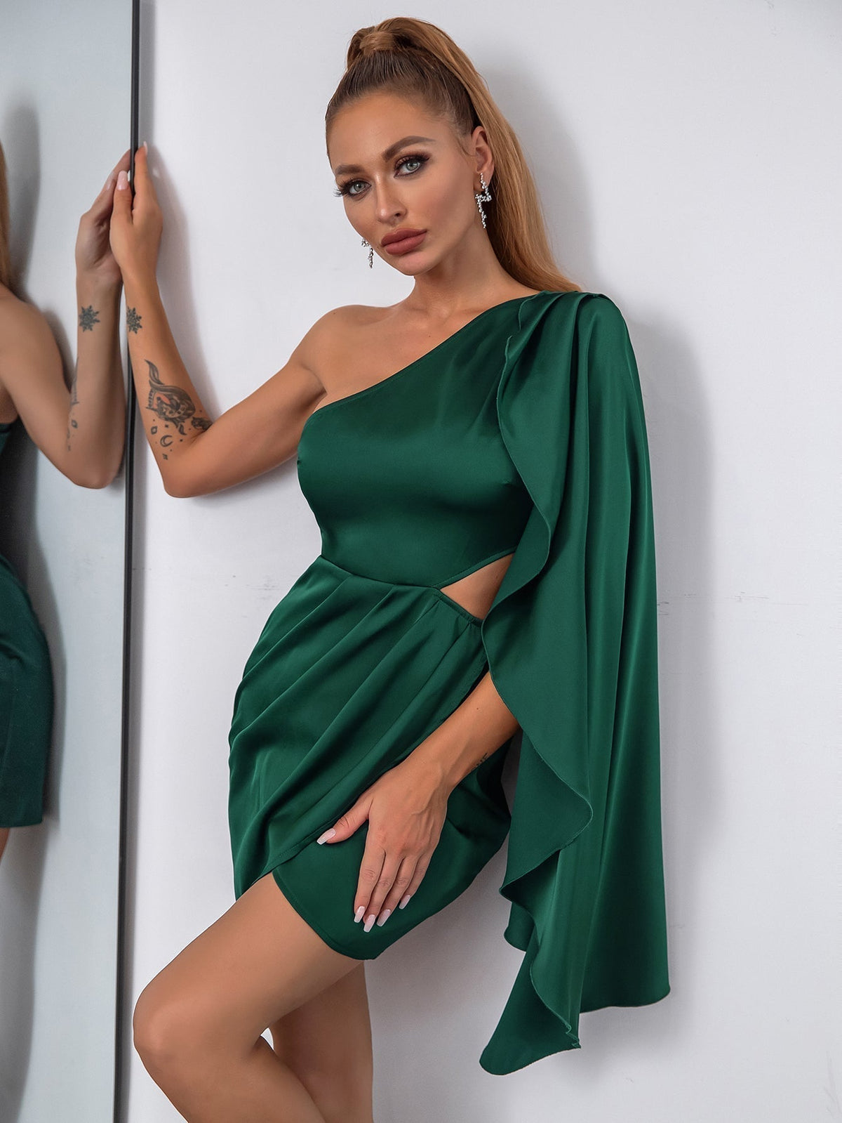 One Shoulder Satin Cape Sleeve Cut Out Tulip Hem Mini Dress 13