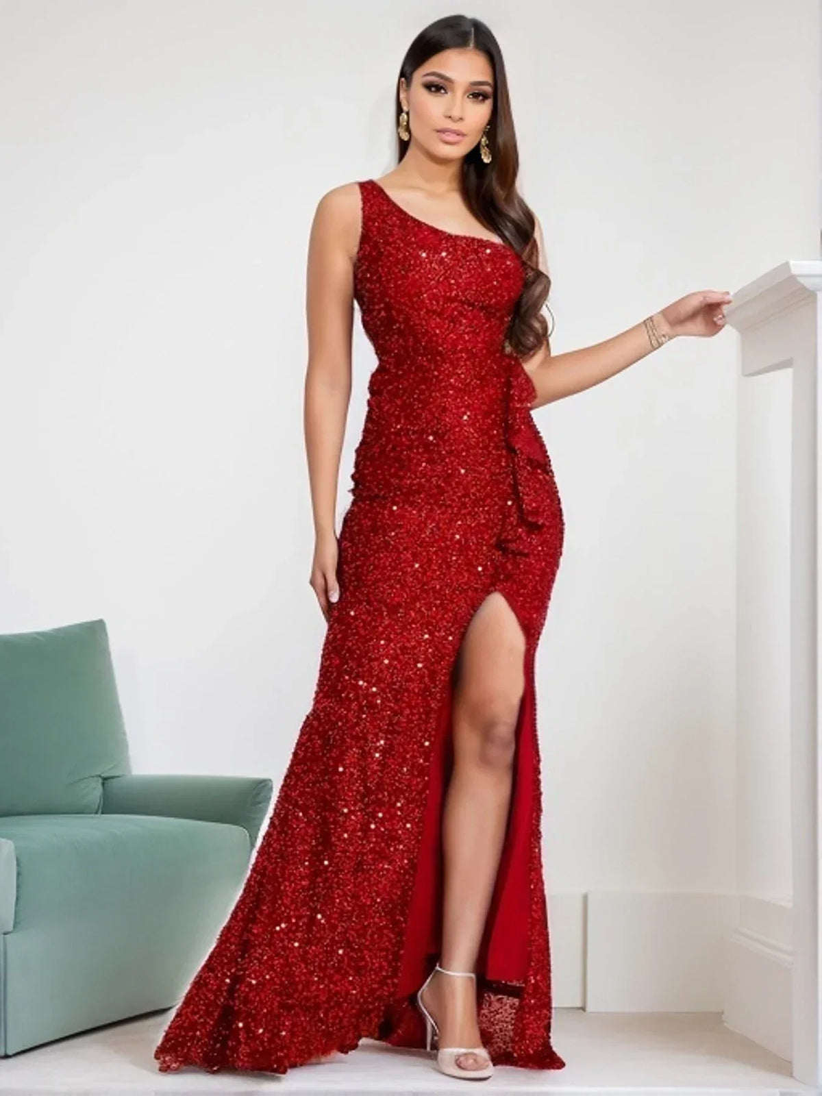 One Shoulder Sequin Ruffle High Split Mermaid Formal Gown 7
