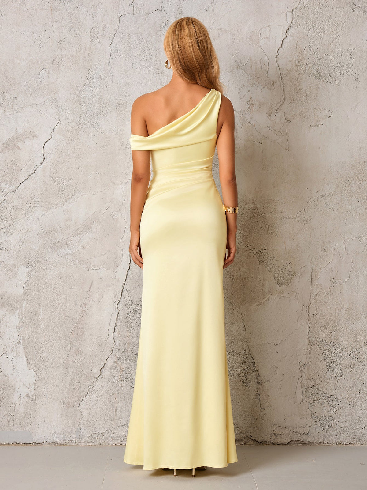 One Shoulder Draped Satin Ruched Waist Mermaid Maxi Dress 2