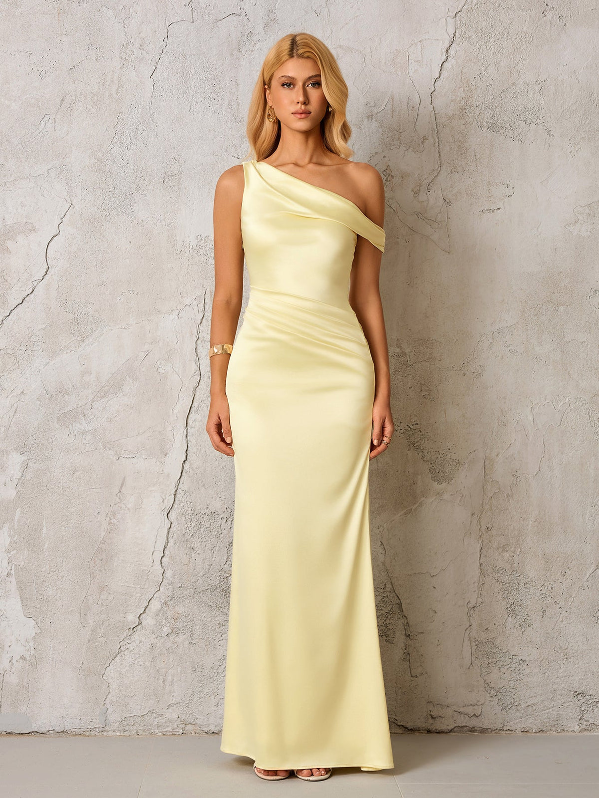 One Shoulder Draped Satin Ruched Waist Mermaid Maxi Dress