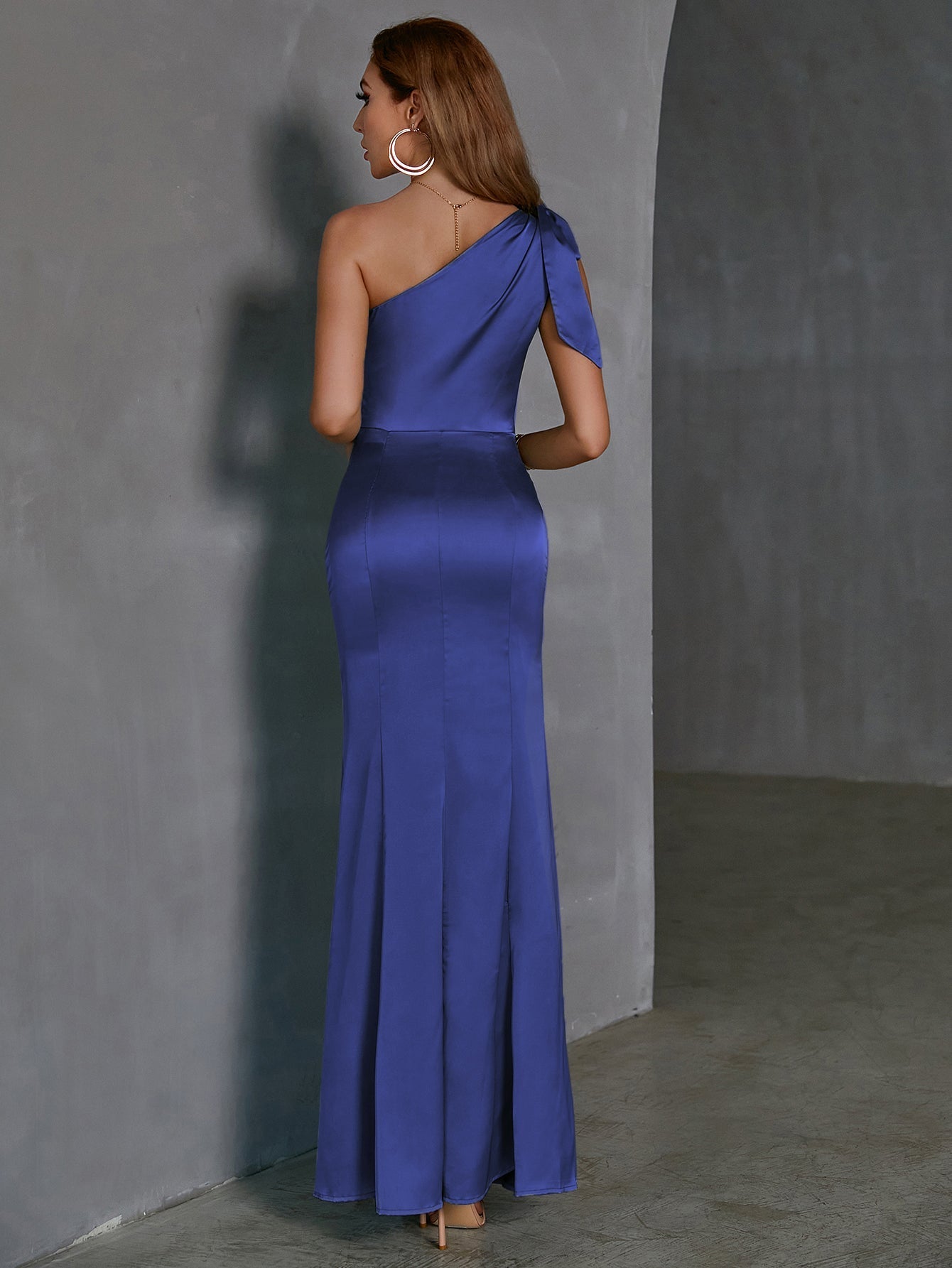 One Shoulder Satin Maxi Prom Dress