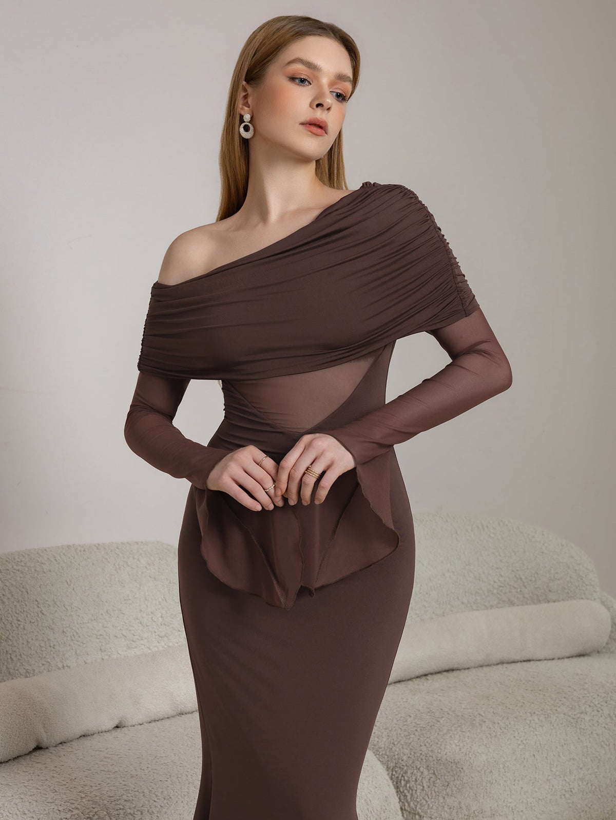 Off Shoulder Ruched Foldover Mesh Flare Sleeve Mermaid Maxi Dress 6