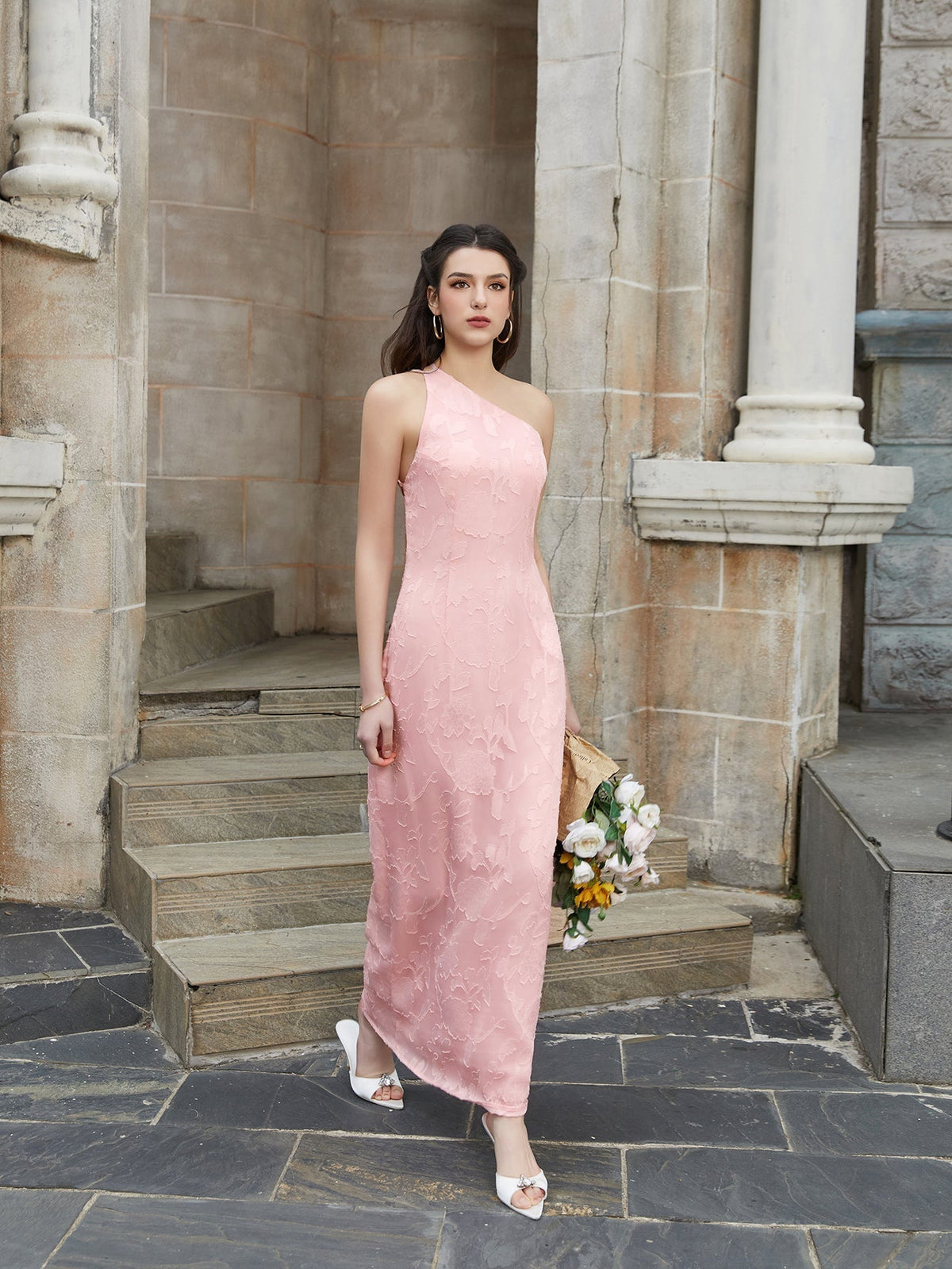 Floral Jacquard One Shoulder Sleeveless Column Maxi Dress 5
