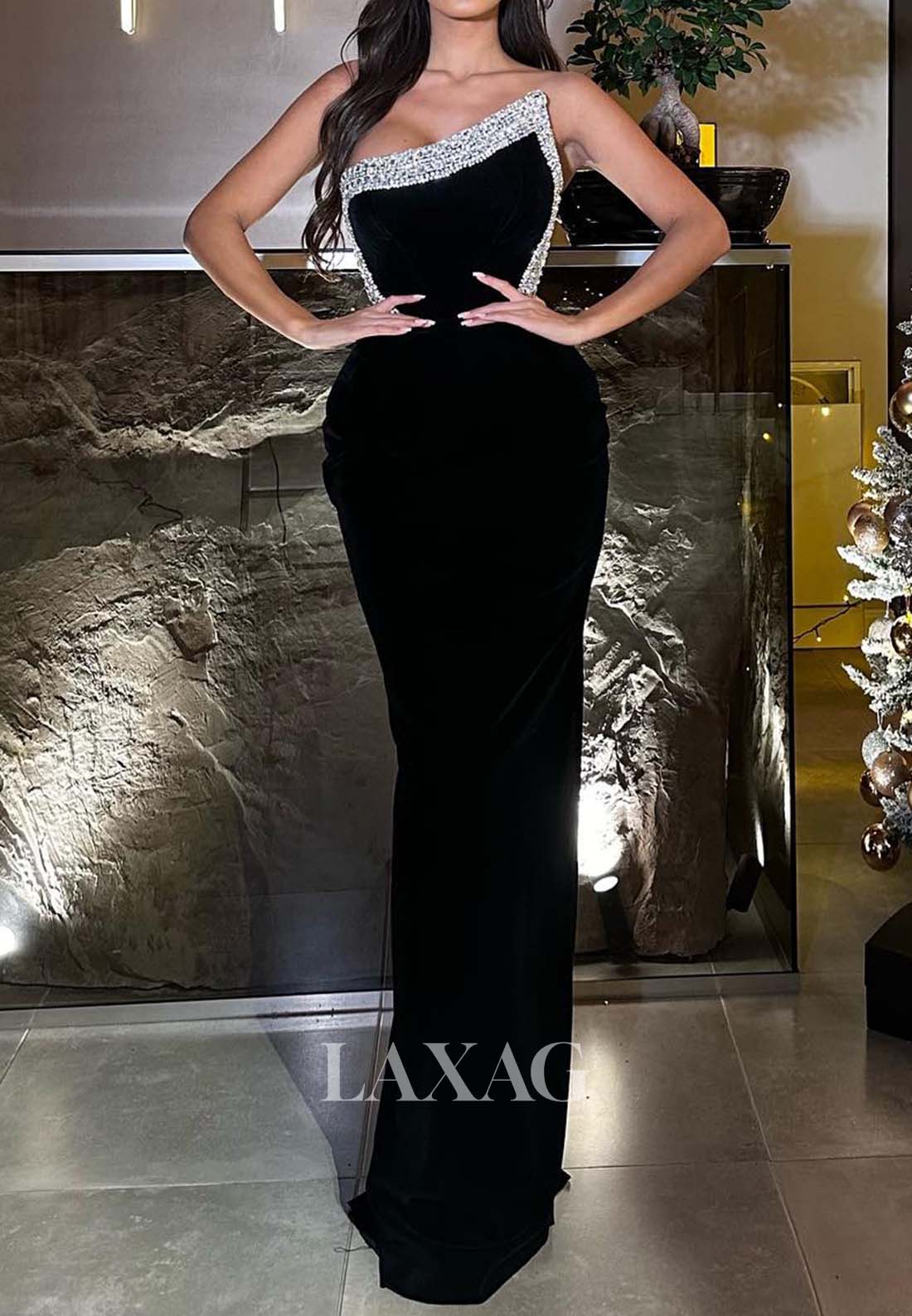 Asymmetrical-Neck Beaded Satin Mermaid Prom  Dress Off-Shoulder Sleeveless Floor-Length Evening Gowns