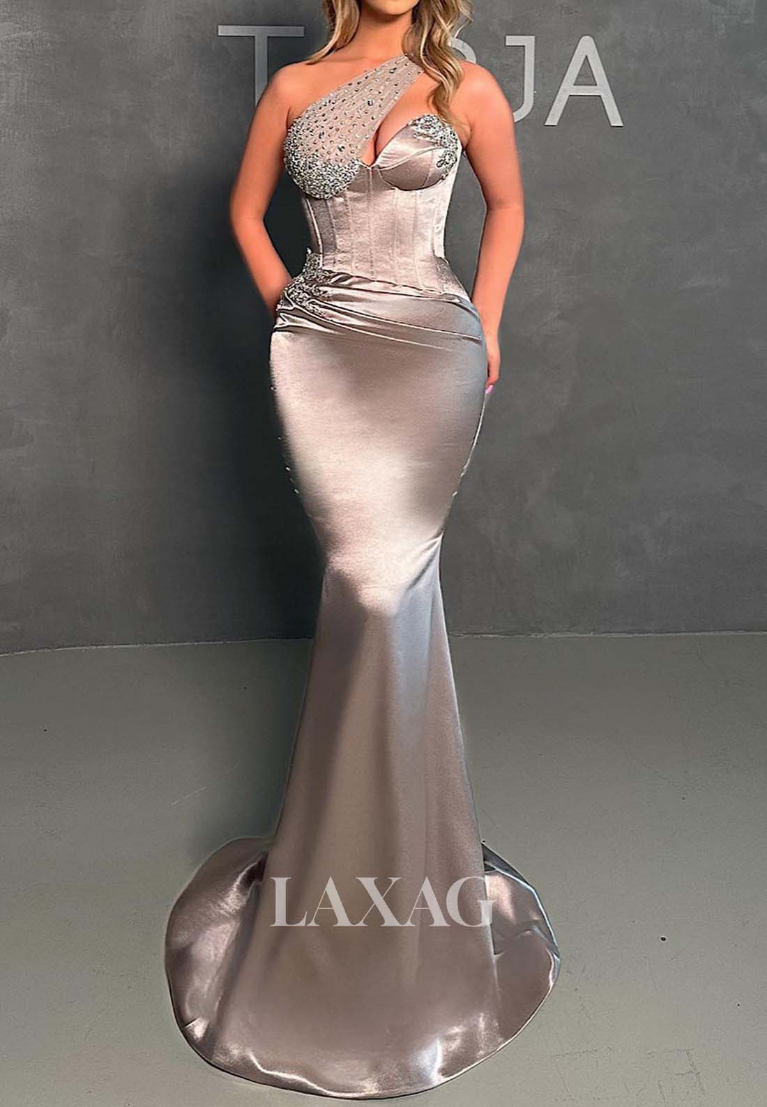 One-Strap Asymmetrical-Sweetheart Sleeveless Beaded Pleated Satin Mermaid Prom Dress