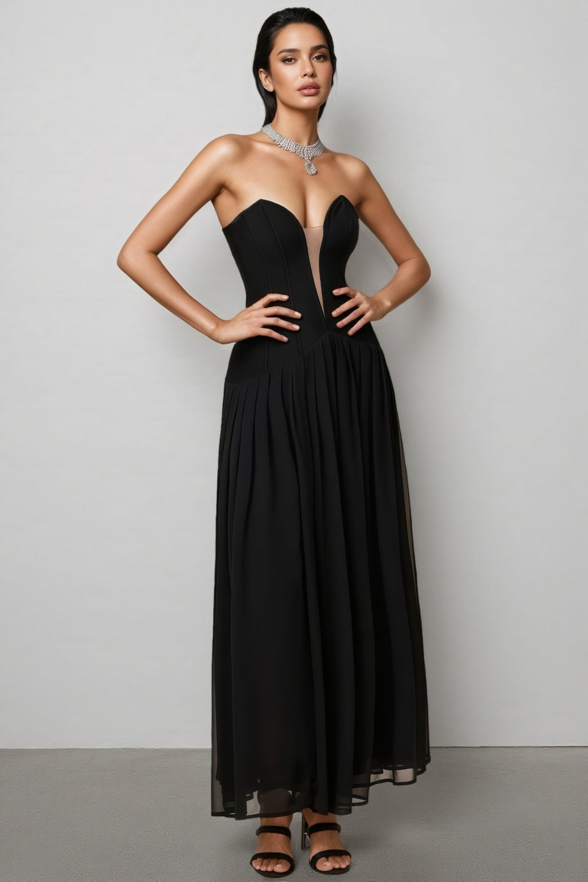 Strapless Plunge Sweetheart Corset Drop Waist Pleated Maxi Dress 3